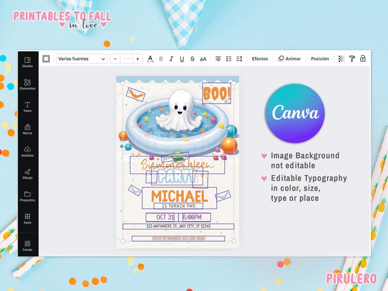 Op de afbeelding: Een printbare uitnodiging voor een Summerween-feest. De uitnodiging toont een cartoon-spook in een blauw opblaasbaar zwembad met de tekst "Summerween Party" en "Michael wordt twee". De uitnodiging is versierd met oranje en gele confetti.