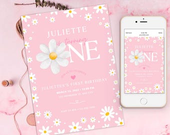 Daisy 1st Birthday Invitation, Floral Template (Digital Download)