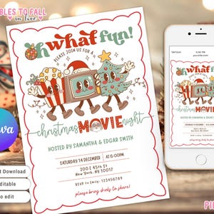 Christmas Movie Night Invitation, oh what fun Editable holiday Winter Wonderland Outdoor Movie Party, Christmas Pajama Invite, friendmas