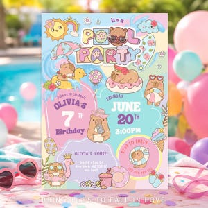 Inbjudan till poolparty med kapybara, sommarinbjudan till kapybara, preppy leende tonårsfest, djur, barnfödelsedagsflicka, poolparty