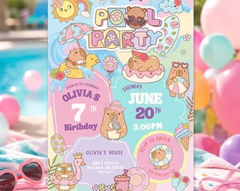Pool Party Capybara Birthday Invitation, summer Capy Birthday invite, preppy smile Teen Party, Animals Kid's Birthday girl, pool party bash