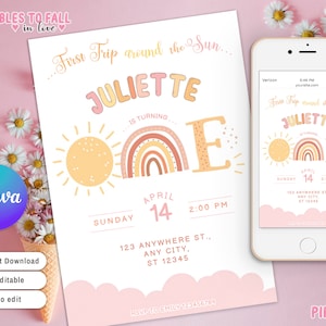 Primo viaggio intorno al sole, invito di compleanno, invito per bambina arcobaleno rosa sole, modello Canva modificabile, 1° compleanno, invito per festa al sole