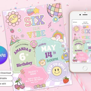 Inbjudan till preppy 6-årsfest med Six Is A Vibe, brevinbjudan till preppy patch, Varsity Patch Party, groovy fashion disco födelsedagsfest
