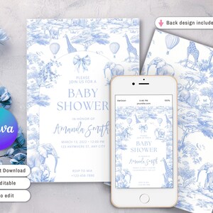 Puede incluir: Una invitaci&oacute;n a un baby shower y una maqueta de pantalla de tel&eacute;fono a juego, con un dise&ntilde;o de animales de safari en azul y blanco. La invitaci&oacute;n incluye el texto "Baby Shower" y el nombre "Amanda Smith". El logotipo de Canva es visible.