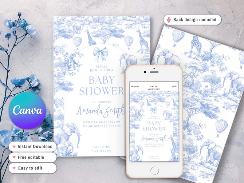 Puede incluir: Una invitaci&oacute;n a un baby shower y una maqueta de pantalla de tel&eacute;fono a juego, con un dise&ntilde;o de animales de safari en azul y blanco. La invitaci&oacute;n incluye el texto "Baby Shower" y el nombre "Amanda Smith". El logotipo de Canva es visible.