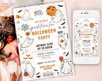 May include: Halloween party invitation with a spooky theme. The design features white ghosts, bats, pumpkins, and a full moon in orange and black. The text reads "Join us for a Spooktacular Halloween Party" with the date and time.