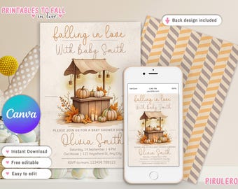 Falling in Love Baby Shower Editable Invitation, Autumn Baby Shower Invite, Gender Neutral Baby Shower, Autumn pumpkin patch Shower Invite