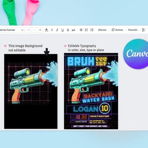 Może przedstawiać: Cyfrowy projekt z ilustracją pistoletu na wodę z niebieskimi efektami wody. Projekt zawiera tekst "BRUH YOU ARE" i "BACKYARD WATER BASH" z imieniem i datą, idealny na zaproszenie na letnią imprezę.