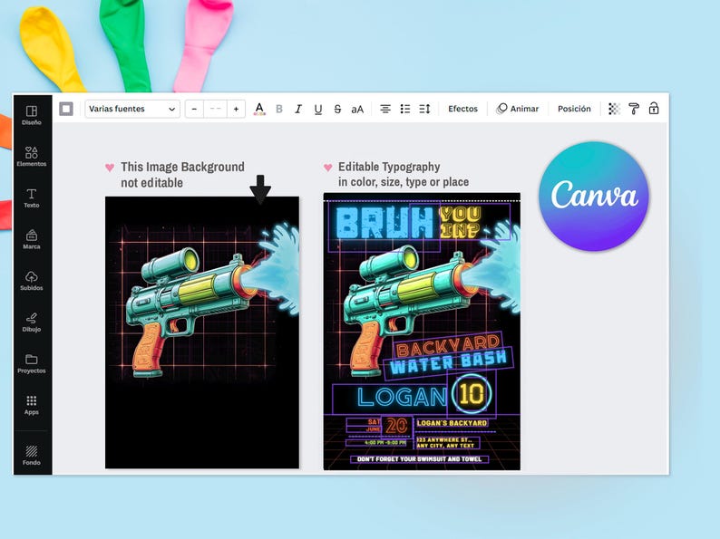 Może przedstawiać: Cyfrowy projekt z ilustracją pistoletu na wodę z niebieskimi efektami wody. Projekt zawiera tekst "BRUH YOU ARE" i "BACKYARD WATER BASH" z imieniem i datą, idealny na zaproszenie na letnią imprezę.