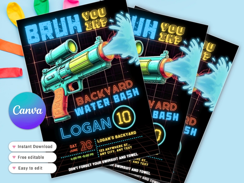 Może przedstawiać: Stos czarnych zaproszeń na imprezę z neonową grafiką pistoletu na wodę, reklamujących "Backyard Water Bash" na 10. urodziny. Zaproszenia zawierają szczeg&oacute;ły wydarzenia i tekst "Bruh You In?"