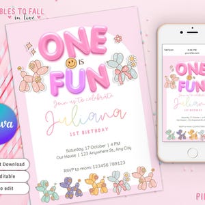 Invitación divertida con globo de perro, globo rosa de animalito coqueto, plantilla de invitación para el primer cumpleaños, fiesta de animales, perro rosa, sonrisa preppy