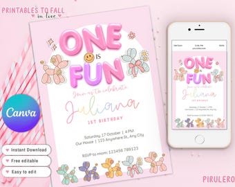 ¡Es divertido cumplir un año! Invitación imprimible para el primer cumpleaños de un niño, colorida (descarga instantánea, plantilla de Canva).