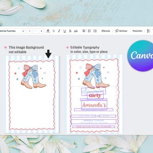 Puede incluir: Plantilla de dise&ntilde;o de Canva con una ilustraci&oacute;n de botas de vaquero en rojo, blanco y azul. El dise&ntilde;o es para una invitaci&oacute;n de cumplea&ntilde;os, con campos de texto editables. Las palabras "Girly" y "Amanda's" son visibles.