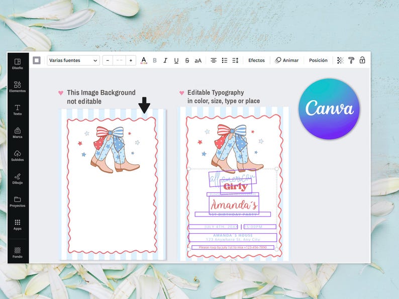 Puede incluir: Plantilla de dise&ntilde;o de Canva con una ilustraci&oacute;n de botas de vaquero en rojo, blanco y azul. El dise&ntilde;o es para una invitaci&oacute;n de cumplea&ntilde;os, con campos de texto editables. Las palabras "Girly" y "Amanda's" son visibles.