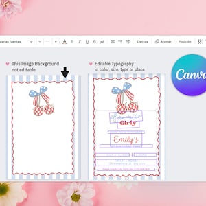 K&ouml;nnte beinhalten: Eine digitale Designvorlage mit einer Illustration von roten, wei&szlig;en und blauen Kirschen. Das Design enth&auml;lt editierbare Textfelder zur Personalisierung. Das Canva-Logo ist sichtbar. Die W&ouml;rter "Girly" und "Emily's" sind sichtbar.