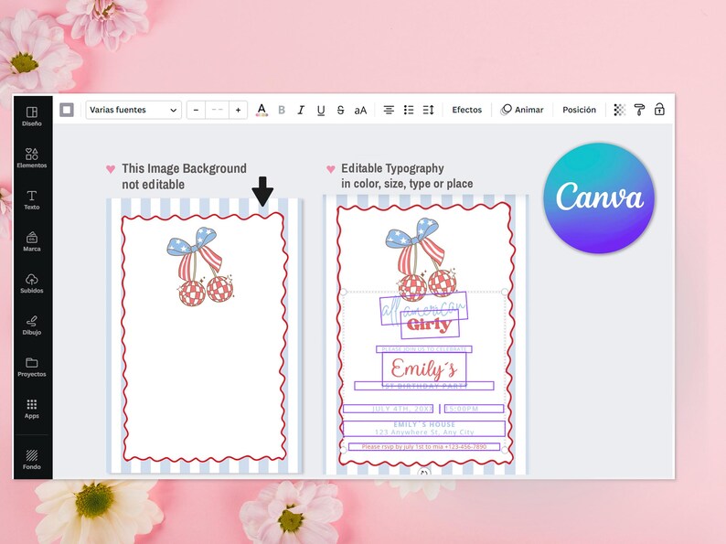 K&ouml;nnte beinhalten: Eine digitale Designvorlage mit einer Illustration von roten, wei&szlig;en und blauen Kirschen. Das Design enth&auml;lt editierbare Textfelder zur Personalisierung. Das Canva-Logo ist sichtbar. Die W&ouml;rter "Girly" und "Emily's" sind sichtbar.