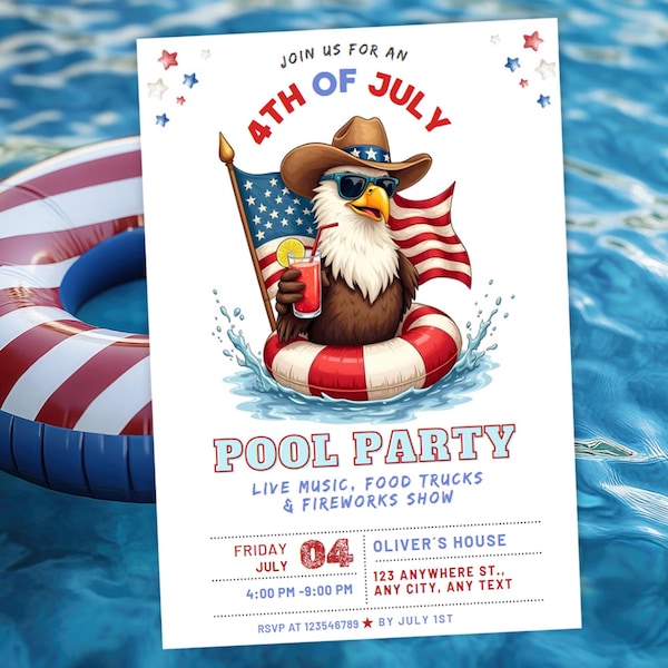 Invitación editable para fiesta en la piscina, invitación para fiesta del 4 de julio, divertida invitación patriótica para piscina, fiesta roja, blanca y azul, águila del Día de la Independencia