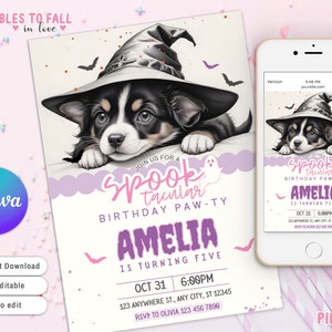 Editable Spooktacular Halloween Birthday Invitation Puppy Dog Birthday Pawty Halloween Invite, halloween canva template spooky celebration