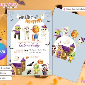 Calling All Monsters Halloween Party Invitation, Kids Halloween Party Invite Template, Monster Invitation, Mummy, Party friends characters