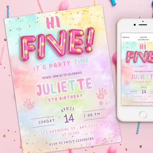 Invitation 5e anniversaire Hi-Five, lueur 5e anniversaire, arc-en-ciel feuille pastel fille cinquième anniversaire, High Five anniversaire, invitation d'anniversaire colorée