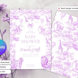 Toile Safari Baby Shower Invitation, Lavender Safari Animal Baby girl Shower Digital Invite, Toile de Jouy Baby Shower Invite puple Safari