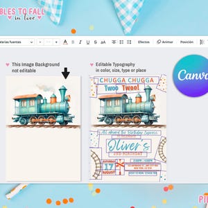 May include: A printable invitation for a child's second birthday party. The invitation features a blue train with red wheels and a yellow background. The text on the invitation reads "All aboard the Birthday Express to celebrate Oliver's 2nd Birthday".