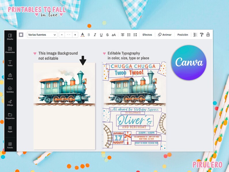 May include: A printable invitation for a child's second birthday party. The invitation features a blue train with red wheels and a yellow background. The text on the invitation reads "All aboard the Birthday Express to celebrate Oliver's 2nd Birthday".