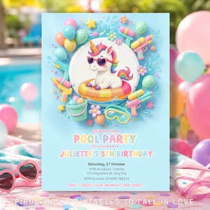 Unicorn Pool Party Birthday Invitation, Editable Girly Splish Splash Pool Party Bash, Unicorn Float Invite, Pastel Swimming party ANY AGE