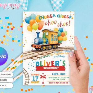May include: A colorful invitation for a 3rd birthday party with a train and balloons. The invitation says "Chugga Chugga choo choo!" and "All aboard the birthday express to celebrate Oliver's 3rd Birthday". The invitation is set on a blue background with confetti.