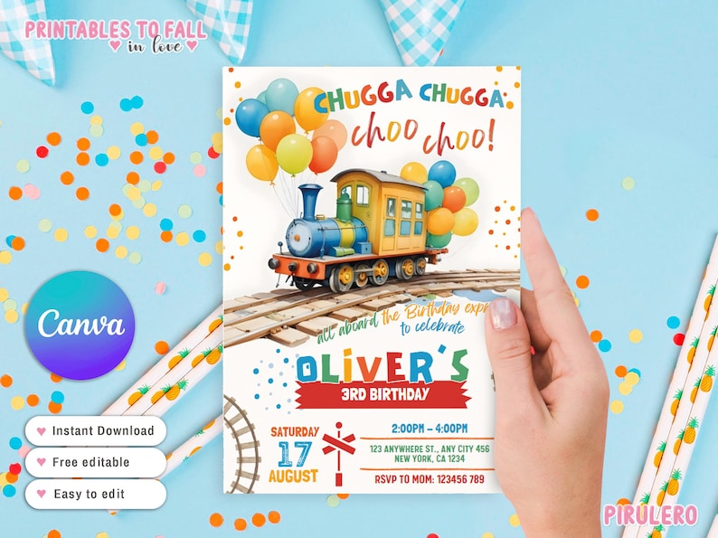 May include: A colorful invitation for a 3rd birthday party with a train and balloons. The invitation says "Chugga Chugga choo choo!" and "All aboard the birthday express to celebrate Oliver's 3rd Birthday". The invitation is set on a blue background with confetti.