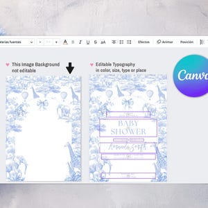 Puede incluir: Interfaz de dise&ntilde;o de Canva que muestra una plantilla de invitaci&oacute;n para baby shower. El dise&ntilde;o presenta un fondo de estampado de animales azul y blanco con jirafas, elefantes y globos aerost&aacute;ticos. El texto "BABY SHOWER" y "Amanda Smith" son visibles.