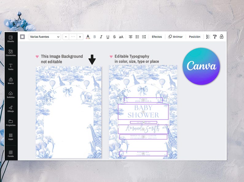 Puede incluir: Interfaz de dise&ntilde;o de Canva que muestra una plantilla de invitaci&oacute;n para baby shower. El dise&ntilde;o presenta un fondo de estampado de animales azul y blanco con jirafas, elefantes y globos aerost&aacute;ticos. El texto "BABY SHOWER" y "Amanda Smith" son visibles.