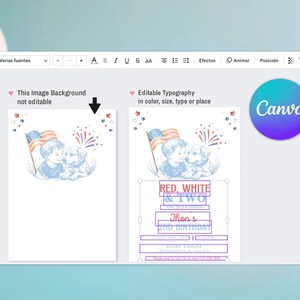 May include: A Canva design template for a birthday invitation. The design features a boy and a dog with an American flag, fireworks, and the text "RED, WHITE & TWO". The invitation is for a second birthday.