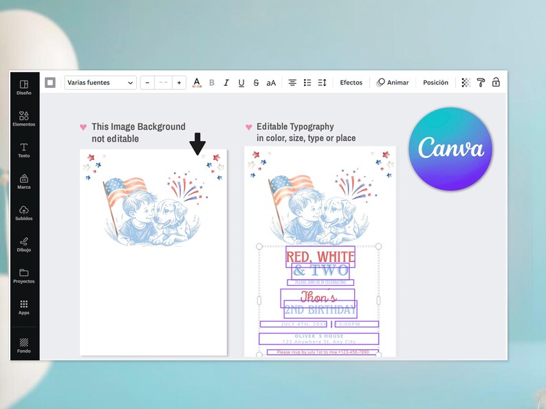 May include: A Canva design template for a birthday invitation. The design features a boy and a dog with an American flag, fireworks, and the text "RED, WHITE & TWO". The invitation is for a second birthday.