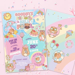 Goodbye School Hello Pool Invitation, Capybara Pool Party, Last Day of School Template Pool Party Capybara, summer invite, pool party bash