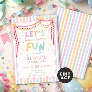 May include: A rectangular party invitation card featuring pastel vertical stripes and a scalloped white center panel. The text reads LET'S have some FUN, join us to celebrate OLIVIA'S IS TURNING SEVEN, October 21 3:00pm, 21 Olivia's Home, 123 Anywhere St, Any City.