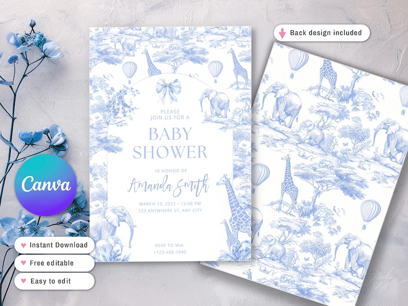 Puede incluir: Invitaci&oacute;n a un baby shower con un dise&ntilde;o de animales de safari en azul y blanco. La invitaci&oacute;n incluye jirafas, elefantes y globos aerost&aacute;ticos. El texto dice "Baby Shower" e incluye el nombre "Amanda Smith".