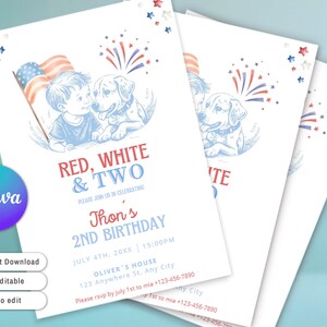 May include: White invitation cards with a patriotic theme. The design features a boy and a dog with an American flag, fireworks, and the text "RED, WHITE & TWO". The invitation is for a 2nd birthday party.