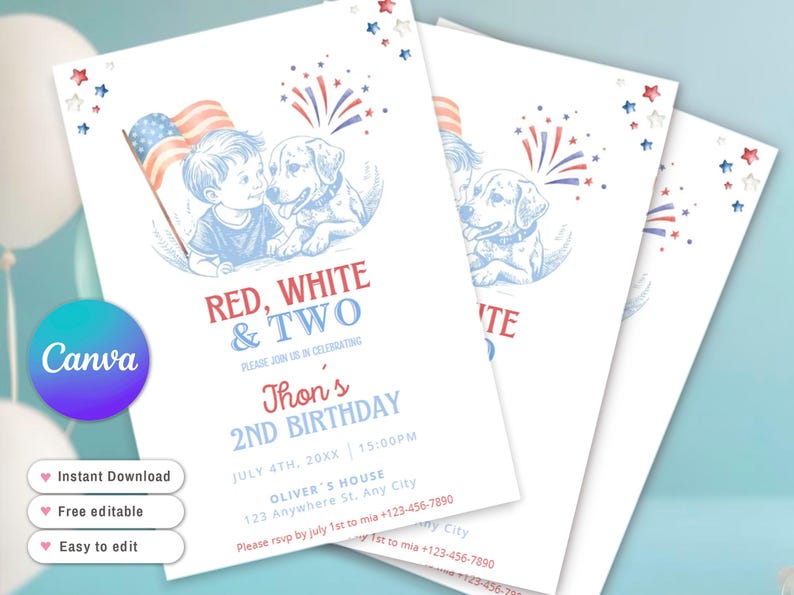 May include: White invitation cards with a patriotic theme. The design features a boy and a dog with an American flag, fireworks, and the text "RED, WHITE & TWO". The invitation is for a 2nd birthday party.