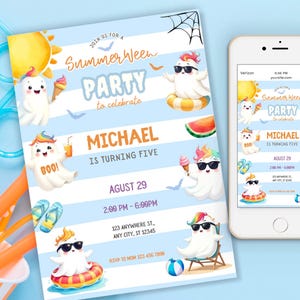 Invitación editable para fiesta de cumpleaños de Summerween, fiesta de Halloween en la piscina de verano, descarga instantánea, cumpleaños de fantasmas, temporada espeluznante, fantasma de verano