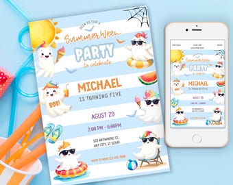 Bewerkbare Summerween-verjaardagsuitnodiging, Summer Halloween Pool Party direct downloaden, Ghost verjaardag Spookachtig seizoen Ghost Summer