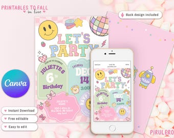 Invito a una lettera con toppa preppy, invito a una festa con toppa universitaria, invito a un compleanno con faccina sorridente preppy, invito a un compleanno retrò groovy modificabile, ragazza disco