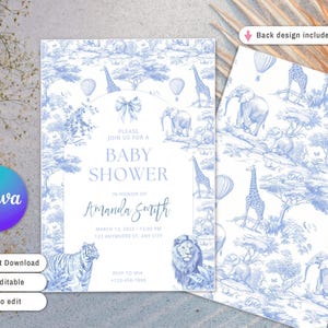 Invitación para baby shower con diseño de safari en azul, invitación digital para baby shower de niño con diseño de animales de safari, invitación para baby shower con diseño de safari en azul polvoriento en Toile de Jouy