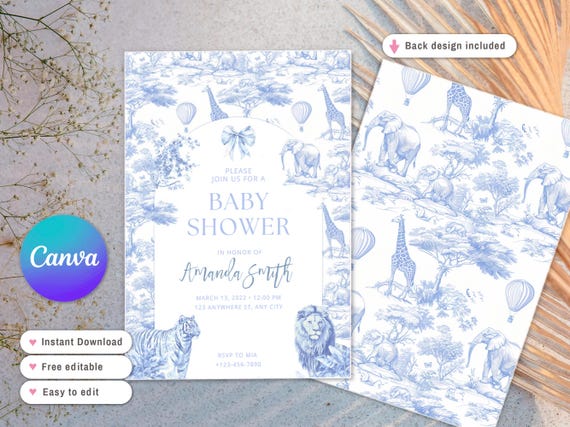 Blue Toile Safari Baby Shower Invitation, Safari Animal Baby Boy Shower Digital Invite, Toile de Jouy Baby Shower Invite Dusty Blue Safari