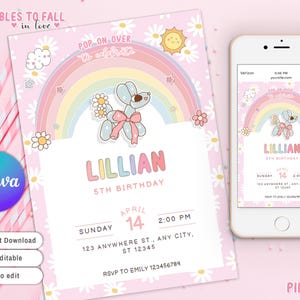 Invitación de perro con globo coqueto, globo rosa de animal, primer cumpleaños divertido, plantilla de invitación con flor de margarita, globo rosa de perro con forma de animal de fiesta