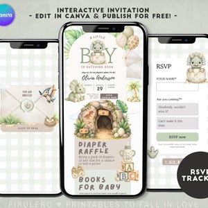 Puede incluir: Tres teléfonos inteligentes que muestran una plantilla de invitación digital para baby shower con ilustraciones de dinosaurios, una cueva, palmeras y texto que incluye A LITTLE BOY IS HATCHING SOON, Olivia Anderson, DIAPER RAFFLE y RSVP.