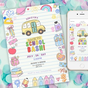 May include: A Back to School Bash invitation with a yellow school bus, apple, and backpack illustrations. The invitation includes the text "Back to School Bash!" and event details. A smartphone displays the same invitation.