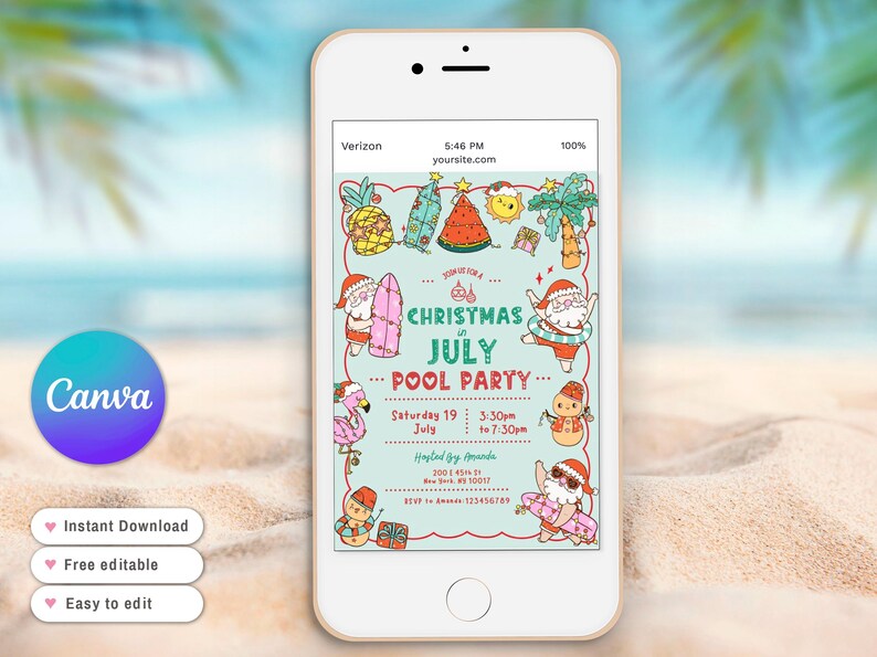 May include: A smartphone displays a colorful invitation for a "Christmas in July Pool Party." The design features cartoon Santas, surfboards, and summer elements. The invitation includes date, time, and location details, with the Canva logo visible.
