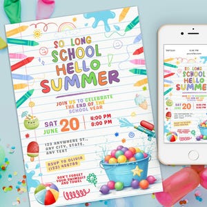 Invitación editable para fiesta de fin de curso, Hola verano, Fin de curso, Fiesta en la piscina, Último día de clases, Fin de curso