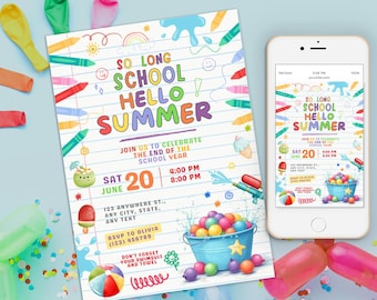 Convite editável para festa de fim de ano letivo, Olá Verão, Fim das Aulas, Festa na Piscina, Convite para festa do último dia de aula, Convite para o fim do ano letivo